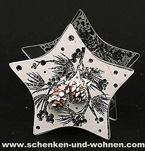 Unbekannt Sigro Medium Spiegel Glas Stern mit Tannenzapfen und Glitzer Teelichthalter, 14 x 6,3 x 13,5 cm, weiß, 13,5 x 6,3 x 14 cm