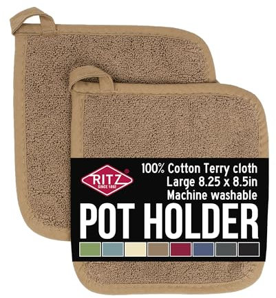 Ritz Frottee Topflappen & Hot Pad: hitzebeständig, strapazierfähig 100% Baumwolle - ergonomisch geformt für optimalen Halt, pflegeleicht, maschinenwaschbar, perfekt für Ihre Küche - Mokkabraun