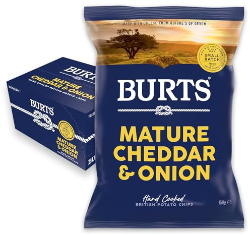 Burts Mature Cheddar and Onion Hand Cooked Burts Crisps Sharing Bags - 10 x 150 g Multipack Box - Vegetarian Friendly, Gluten Free, Hydrogenated Fat Free, Non-GMO - Cheese and Onion Share Bags