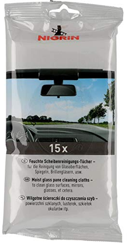 NIGRIN Scheiben-Reinigungs-Tücher, feuchte Tücher zur Reinigung von Glasoberflächen, Spiegeln, Brillengläsern, 15 Stück