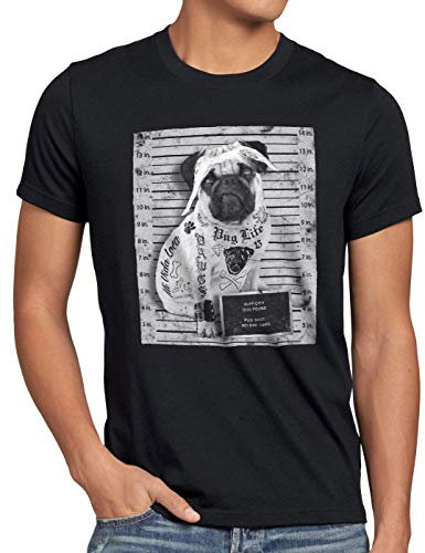 style3 Pug Tattoo T-Shirt Herren mops Hund Gangster Rock Motorrad Tattoed Biker usa, Größe:3XL, Farbe:Schwarz