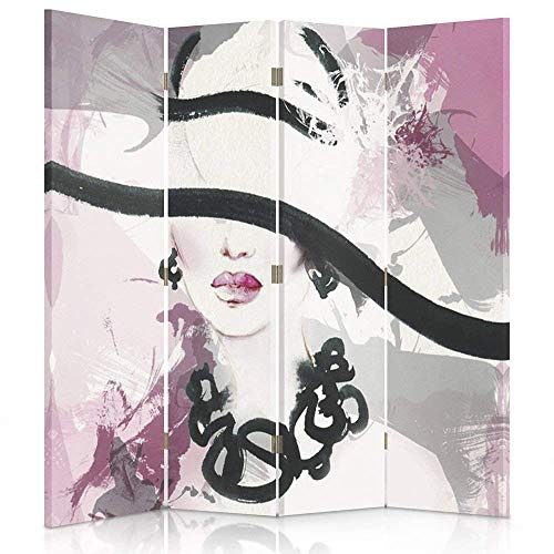 Feeby Paravent Frau Mit Hut 145x180 cm 4 Teilig Modern Design beidseitig Raumteiler Wandschirme Foto Trennwand Raumtrenner Sichtschutz Spanische Wand auf Leinwand Bedruckt Weiß Rosa Schwarz