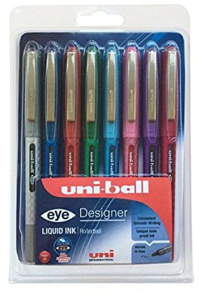 uni-ball UB-157D Eye Designer, feine Tintenroller mit Uni Super-Tinte, 0,7-mm-Spitze, 8er-Packung, sortierte Farben