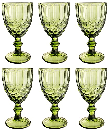 Vintage 6er-Set Farbige Weingläser und Trinkgläser mit Prägung Relief (Schleife, Grün, 350 ml) Weinglas, Trinkglas, Wasserglas, Longdrinkgläser, Cocktail Gläser, Glas, Glaskelche