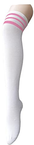 Zando Chaussettes d'arbitre hautes à rayures fines au-dessus du genou pour femme, Blanc W Rose, taille unique