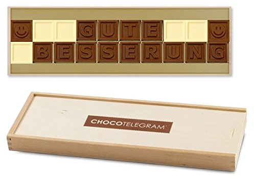 CHOCOLISSIMO - Gute Besserung Schokolade - Genesungswünsche, Schokoladenbotschaft in Holzbox - Schokolade Geschenk für Kinder, Frauen, Männer, beste Freundin - ChocoTelegram