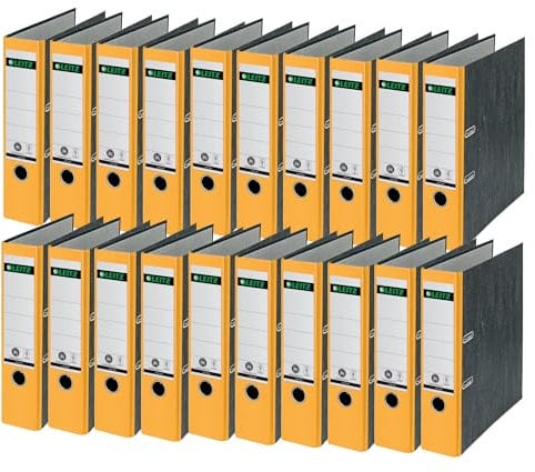 Leitz Qualitäts-Ordner 180°, 20er Pack, A4, 100 Prozent recycelter Karton, 8 cm Rückenbreite, Wolkenmarmor-Papier, Gelber Rücken, 10805015