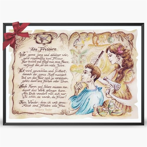 Die Staffelei Geschenk Friseur (20 cm x 14,8 cm) | Witziges Gedicht mit liebevoller Zeichnung auf hochwertigem Papier/besondere Geschenkidee