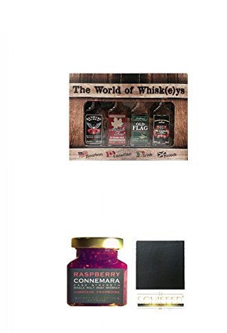 The World of Whiskey Collection 4 x 4cl + Connemara Irish Whisky Himbeer Marmelade 150g im Glas + Schiefer Glasuntersetzer eckig ca. 9,5 cm Durchmesser