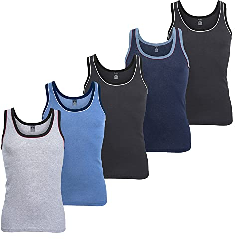 MT Herren Melange Tank-Top (5er Pack) Baumwoll Feinripp Unterhemden ärmellos - 5farb-Pack mit Blau 5 (M)