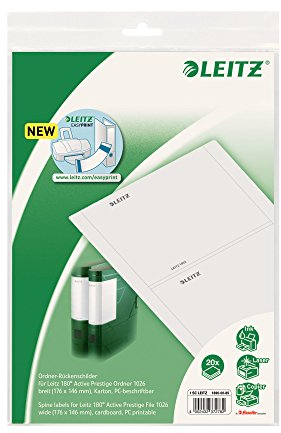 Leitz PC-beschriftbare Ordnerrücken Etiketten für Qualitäts-Ordner 180° Solid 1112 mit Rückentaschen, 20 Stück, 176 x 146 mm, Papier, 16900085