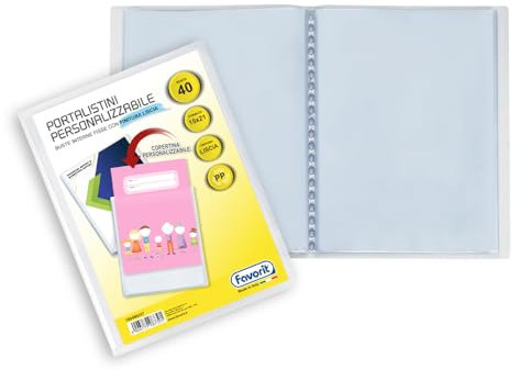 Favorit 100460235 - Portalistino con Buste Fisse e Tasca Frontale Personalizzabile per Fogli 20 Buste, A5, Trasparente