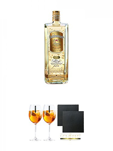 Danziger Goldwasser Likör 0,7 Liter + Scavi & Ray Wein Glas 2 Stück + Schiefer Glasuntersetzer eckig ca. 9,5 cm Ø 2 Stück