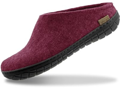 GLERUPS Slip On Slippers Women and Men with Rubber Sole (Cranberry) | Unisex Slip-on Wool Slipper Shoes Women Men | Comfy Outdoor Indoor Slippers | Cosy Gents and Ladies Slippers