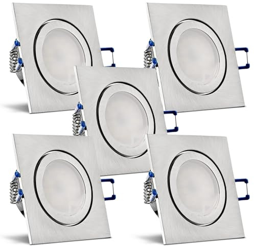 trendlights24 Mare LED Decken Einbaustrahler IP44 flach dimmbar 5W 5er Set | Edelstahl Optik gebürstet, eckig, ultra flach, Einbautiefe 35 mm, 230V, Spots, Warmweiß, 3000k, Feuchtraum, Bad, außen