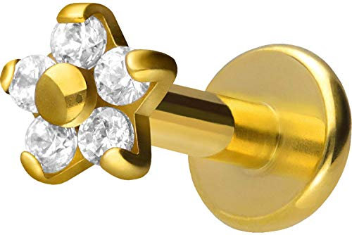 PIERCINGLINE TItan Labret Stecker Gewinde BLUME + 5 KRISTALLE Piercing Ohr Lippe Nase Goldfarben 1,2 x 8 mm