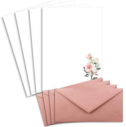 50 Briefbogen-Sets DIN A4 - Naturpapier in Creme mit Rosenzweigen - mit Briefumschlägen DIN Lang in Altrosa Briefpapier bedruckbar ideal für Hochzeitseinladungen
