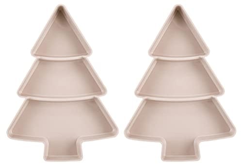 Angoily 2Pcs Christmas Tree Shaped Dish Plate, Christmas Tree Plates Chip& Dip Set, 3 Compartment Plastic Plates Dishes Food Storage Server for Christmas Holiday Party Supplies (Pink)