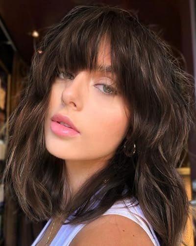 LEMEIZ Chocolate Brown Wigs with Blunt Fringe, Short Wave Wigs with, Synthetic Short Bob Wig 12 inch LEMEIZ-134-7