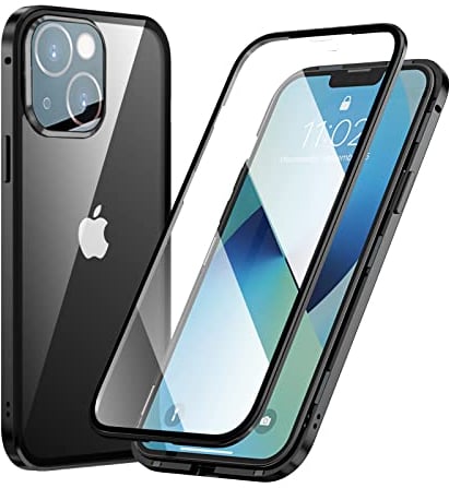 MIMGOAL Case for iPhone 13 Mini, Magnetic Metal Bumper 360 Degree Full Body Protective Case with Front and Back Transparent Tempered Glass Crystal Clear Cover for iPhone 13 Mini 5.4, Black
