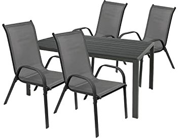 Mojawo Hochwertige Gartengarnitur 5-teilig Gartentisch 150x90cm Anthrazit Grau + 4 Stapelstühle Textilen Anthrazit