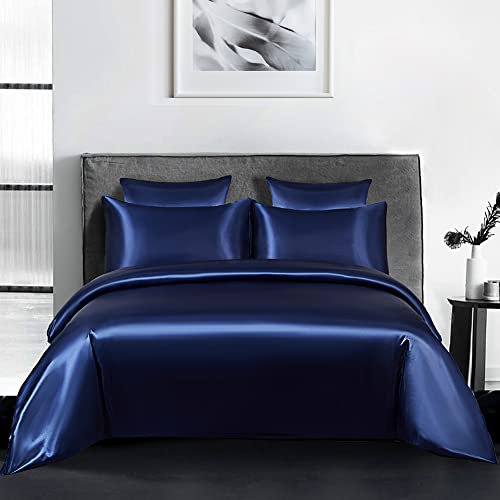 Michorinee Housse de Couette Satin 240 x 260 Bleu avec 2 Taies d'oreiller 65x65 cm Parure de Lit Adulte 2 Personnes Linge de Lit Satin de Soie Brillante avec Fermeture Éclair