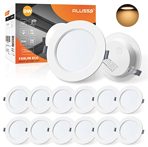 ALUSSO® LED Einbaustrahler 230V Ultra Flach 9W 690LM LED Spots Badezimmer, 3000K Warmweiß Deckenspots IP44 Einbauleuchten für Wohnzimmer Küche, Durchmesser 145MM, Lochmaß 120-130MM, 12er Set