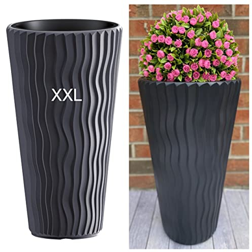 MELTOM Blumentopf mit vertikaler Wellenoptik herausnehmbarem Einsatz aus Kunststoff Pflanzkübel (Anthrazit, XXL)