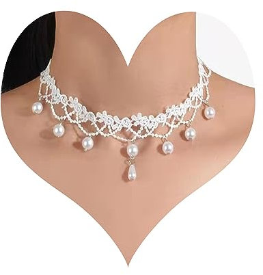 Wendalern Collier Dentelle Perle Boho Collier Ras Du Cou Dentelle Blanche Collier Pendentif Perle Vintage Collier Fleur Dentelle Collier Chaîne Bijoux Pour Femmes Et Filles