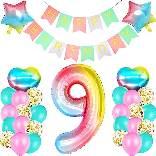 Geburtstagsdeko Mädchen 9 Jahr, Luftballon 9. Geburtstag Rosa, Ballon 9. Geburtstag, Riesen Folienballon Zahl 9, Happy Birthday Girlande Folienballon für 9 Deko Geburtstag Party Mädchen