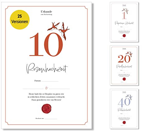 Frank Paperman® | Geschenke zum 10 Hochzeitstag | Ehejubiläum | Rosenhochzeit | Hölzerne Hochzeit Geschenk | Urkunde Hochzeitstag | klassisch | Geschenkideen Hochzeitstag | Vordruck im DIN-A4-Format