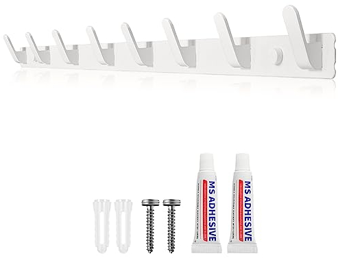 Sevenpers Wall Mounted Coat Hooks, Heavy Duty Coat Rack with 8 Hooks, Multipurpose Wall Hooks for Hanging Clothes, Robes, Bags, Towels, Keys - White