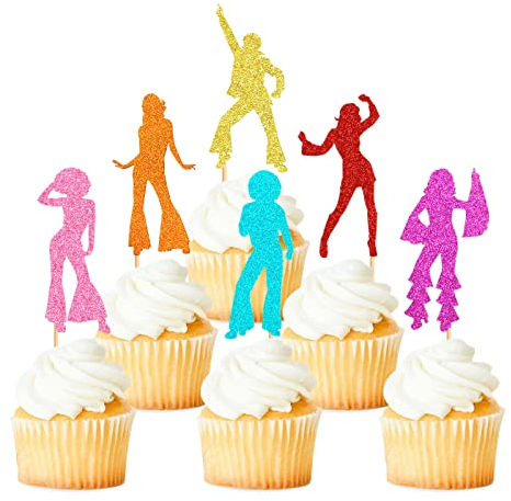 Blumomon 24 Stück 70er Disco Tanzen Cupcake Topper 70er Disco Kuchen Dekorationen Disco Cupcake Picks für Disco Ball Musik Theme Party Geburtstagsfeier Hochzeitsfeier Dekorationen