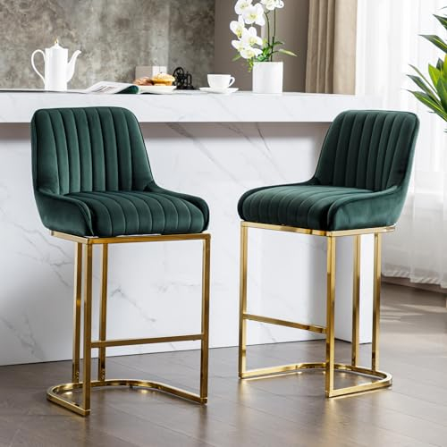 chairus Lot de 2 Tabourets de Bar en Velours Tabourets de Cuisine Imbottita Chaise Haute avec Pieds en Métal (Vert-2)
