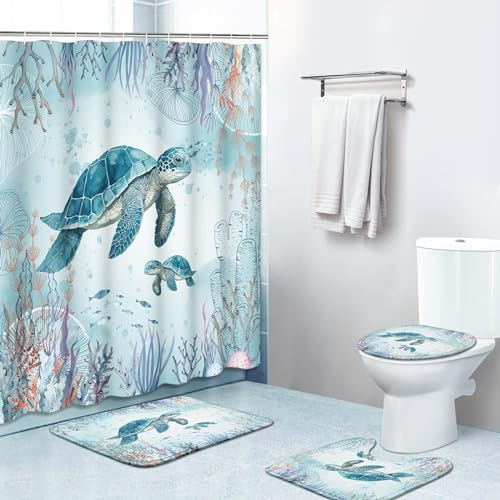 Bribay 4-teiliges Duschvorhang-Set, Meeresschildkröte, Fische, Sommertier mit rutschfesten Teppichen, WC-Deckelbezug und Badematte, für Badezimmer-Dekor-Set, 182,9 x 182,9 cm