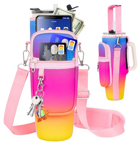 Water Bottle Carrier Bag with Phone Pocket Compatible for Stanley,Mebiusyhc,Meoky 40 oz Tumbler with Handle,Neoprene Water Bottle Holder with Adjustable Strap Compatible for Stanley Cup Accessories
