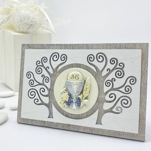 Doni Bomboniere BOMBONIERA Comunione Bambina Albero della Vita Maschio Sacro Simboli Calice Ostia Sacramento Bambino Gadget PENSIERINO Regalo Economico CONDIVISIONE Legno INSICO Originale