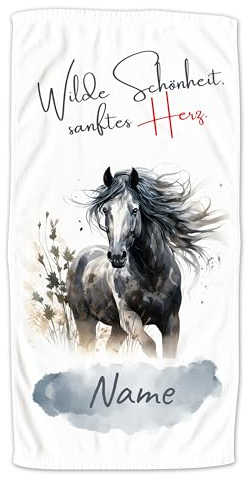 GRAZDesign Handtuch Pferd mit Spruch und Name personalisiert Badetuch, Saunatuch für Kinder und Erwachsene, Wildpferd - 100x50cm