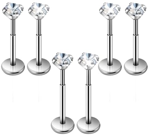 6 Stück Tragus Piercing Schmuck 6/8mm Silber 20G Chirurgenstahl Lippenpiercing mit Zirkonia Labret Piercing Damen Aufsteckknorpel Ohrringe Schmuck