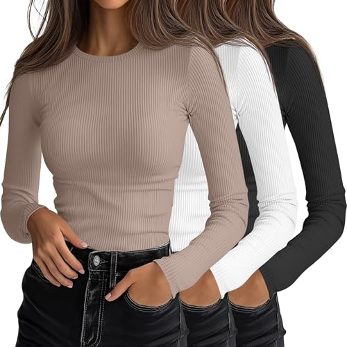 Ficerd Paquete de 3 Camisetas Interiores Elásticas de Manga Larga con Cuello Redondo y Tejido Acanalado para Mujer