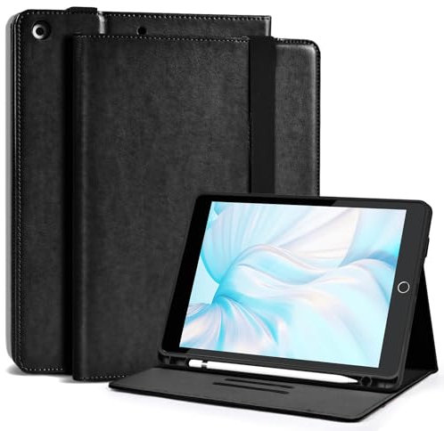 4UBonLife Custodia per iPad 9a/8a/7a Generazione 10,2 Pollici 2021/2020/2019 con portapenne, Cover Folio in Pelle con Supporto multi-angolari, Smart Cover Tasca Documenti, Nero