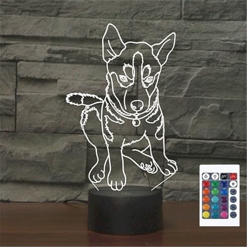 FLRXHK Little Husky 3D-Illusions-Nachtlicht, Touch-Tischlampe mit Fernbedienung, 16 Farben, optisches USB-LED-Nachtlicht für Kinder, Geschenk, Raumdekoration