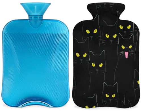 Black Cat Hot Water Bottle with Cover, Black Funny Cat Hot Water Bottle with Cover, 2L Hot Water Bag for Pain Relief, Neck and Shoulder, Hand Feet Warmer