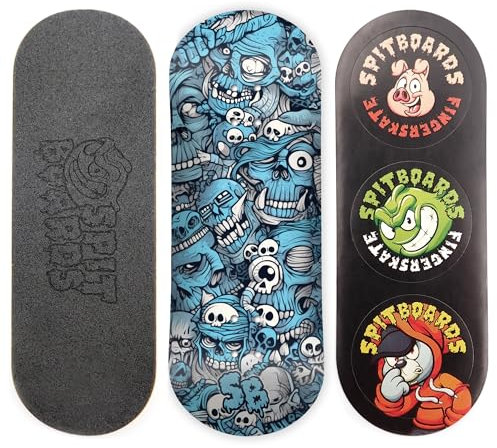 SPITBOARDS 34mm Fingerboard Deck - Real Wood (5-Layers) Classic Popsicle Street Shape - Size: 34 x 96 mm - Single Graphic Deck (Real Wear) - Optimized Concave - Blue Mummy Skulls