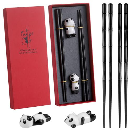 Hejo 2 Pairs Chopsticks Reusable Set, Chopstick Dishwasher Safe with Ceramic Panda Rest, Fiberglass Chop Sticks for Sushi Noodles Rice, Personalised Chopsticks for Chinese Japanese Gifts(Black)