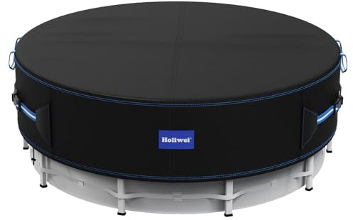 Holiwei 10 Ft Round Pool Cover with Reflective Strips, 420D Swimming Pool Cover for Above Ground Pools, Solar Cover with Drawstring and Ground Nails for Dustproof, UV Protected