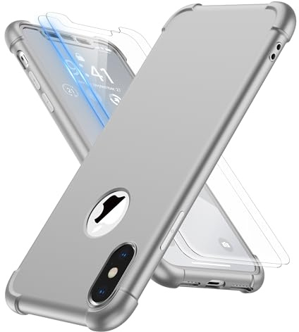ORETECH für iPhone X Hülle Silikon 5,8 Zoll [Vorne und Hinten Hülle][2X Displayschutzfolie][Militärschutz] 360 Grad Stoßfest Kratzfest Handyhülle für iPhone X/XS,Silber