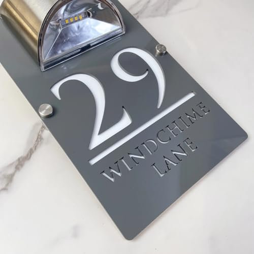 Personalized Solar Modern Door Plaque LED Light Up Outdoor Address Plaque Custom Solar-Powered Lighted Number Plate Sign House Decoration for Wall Sign (grey white,20x33cm)