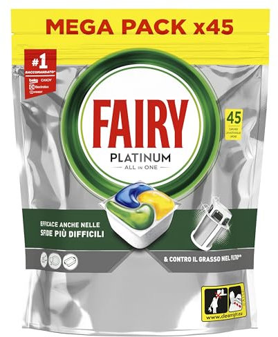 Fairy Platinum Detersivo Pastiglie Lavastoviglie Brillantante, 180 Capsule Lavastoviglie, Limone, con Sistema Di Prelavaggio Integrato, Efficace nelle Sfide Difficili Contro lo Sporco