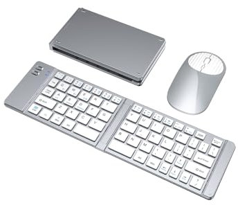 TKMARS Aufklappbare Tastatur Kabellos mit Wireless Mouse and Keyboard Unterstützt den Gleichzeitigen Anschluss von DREI Geräten (Silber)